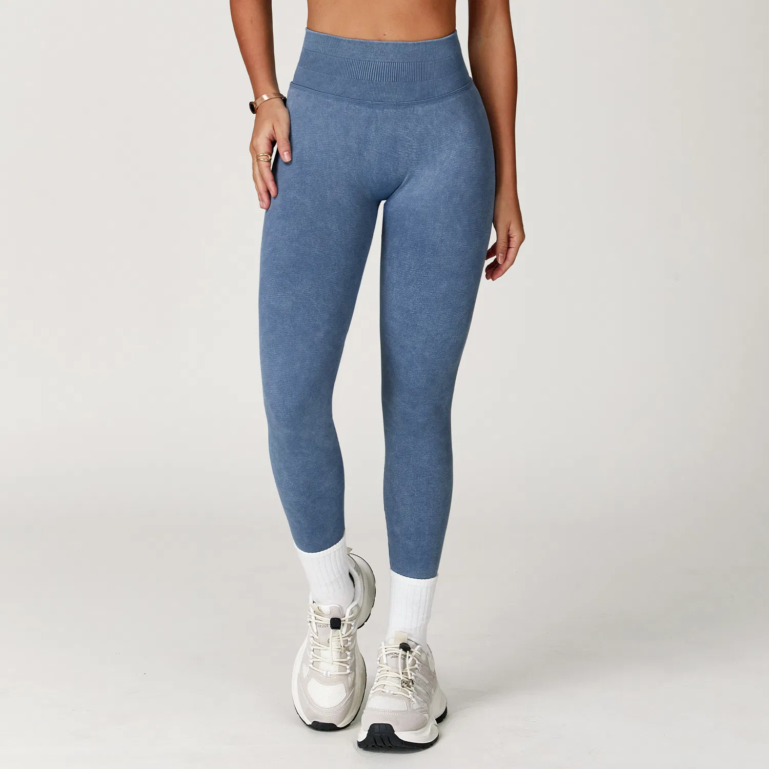 Leggings de yoga mineral lavado con logo personalizado, cinturilla acanalada, leggings de entrenamiento al por mayor