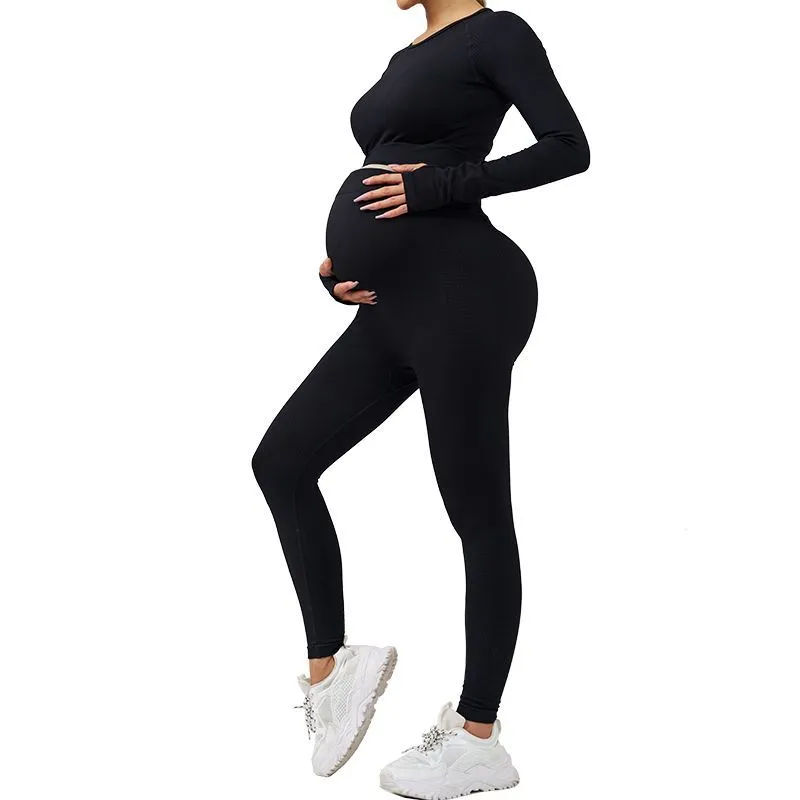 Conjunto de Yoga Maternidad Sin Costuras - Leggings de Cintura Alta con Soporte para el Vientre y Top de Entrenamiento Cómodo