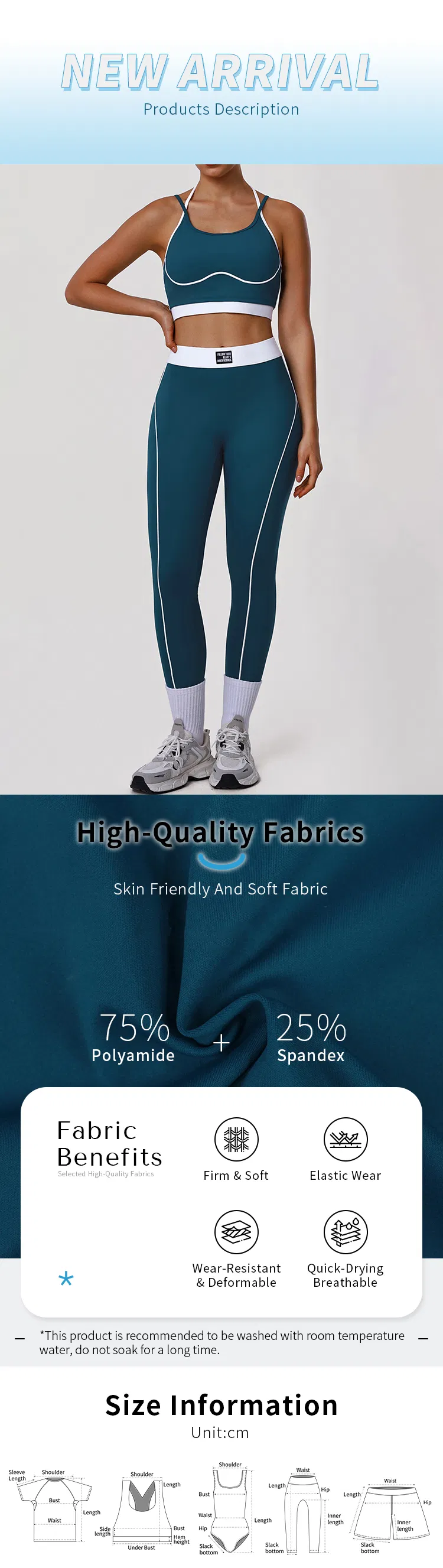 Conjunto de deporte y fitness personalizado de moda al por mayor, con bloque de color, tirantes delgados, sujetador moldeador y leggings cortos que levantan el trasero