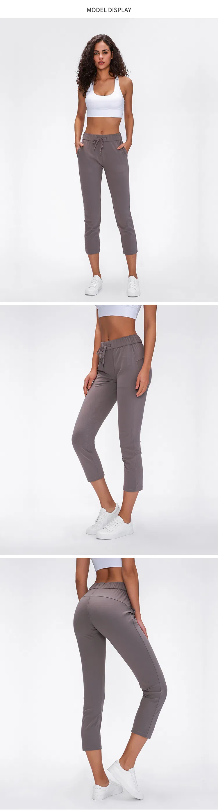 S2059 Mujeres Desnudas Sintiendo Pantalones Capri Deportivos de Tiro Alto con Cintura Ajustable y Bolsillos Laterales, Pantalones Básicos de Ejercicio Elásticos de Talla Grande