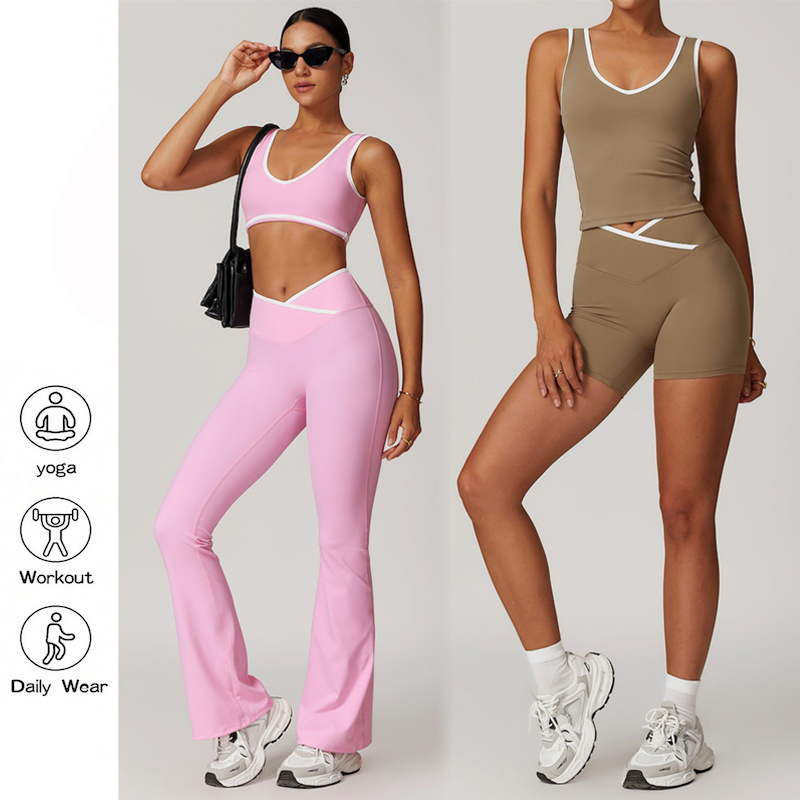 Venta al por mayor de fábrica 5PCS Conjunto de ropa de yoga y fitness de moda para mujeres, sujetador deportivo + pantalones cortos de gimnasio + leggings para correr, ropa para ejercicios de pilates