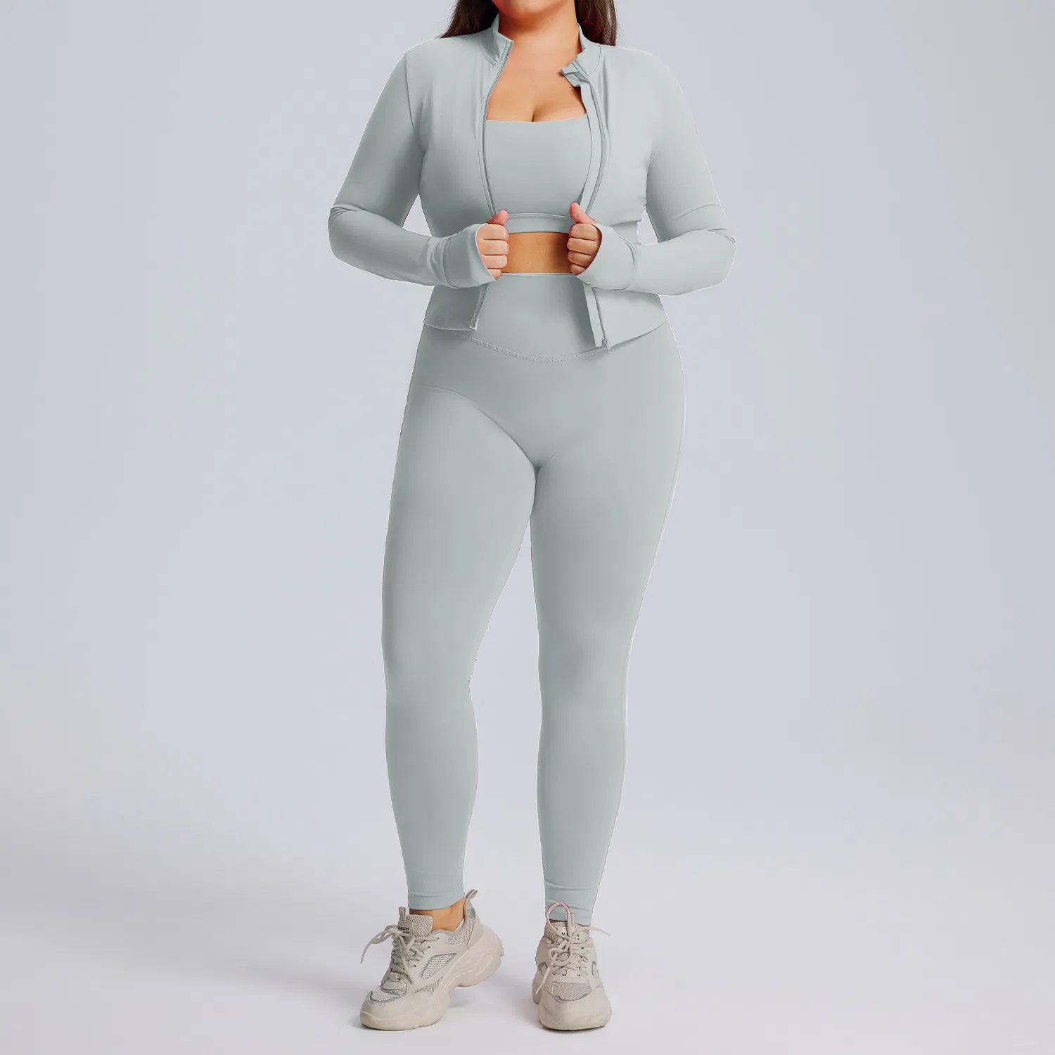 Conjunto de Yoga Personalizado al por Mayor con Logo Talla Grande 3 Piezas Chaqueta con Cremallera Sujetador Deportivo Leggings