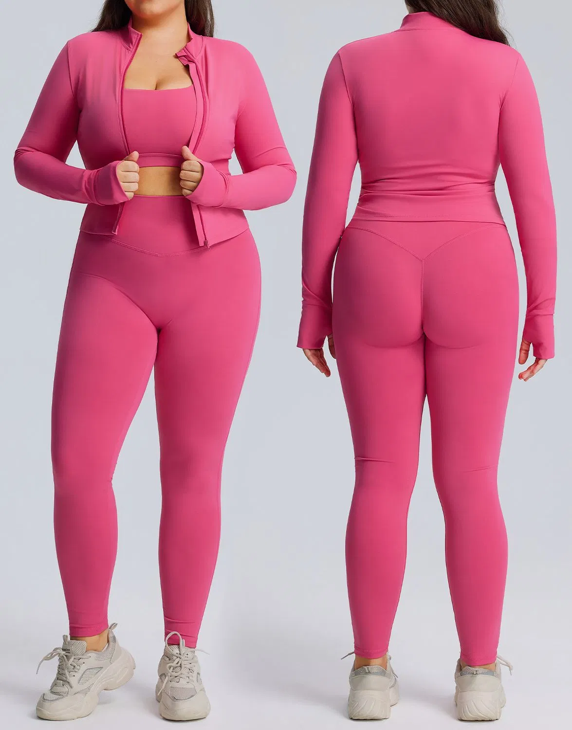 Conjunto de Yoga Personalizado al por Mayor con Logo Talla Grande 3 Piezas Chaqueta con Cremallera Sujetador Deportivo Leggings