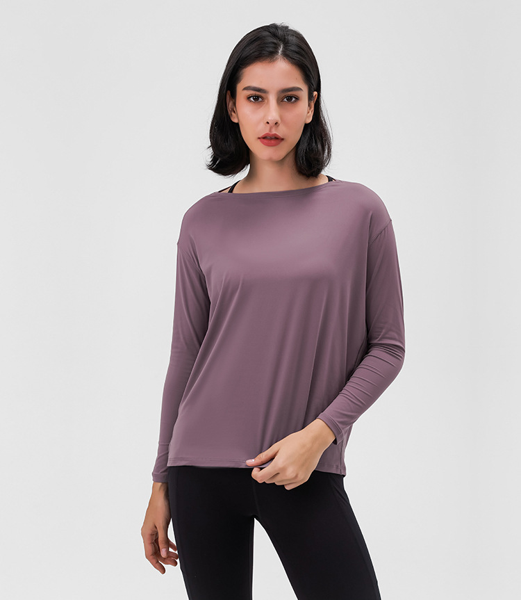 Camiseta de yoga de manga larga para mujeres, color sólido, cuello redondo, parte superior para gimnasio y running, camiseta de entrenamiento ajustada, ropa deportiva transpirable