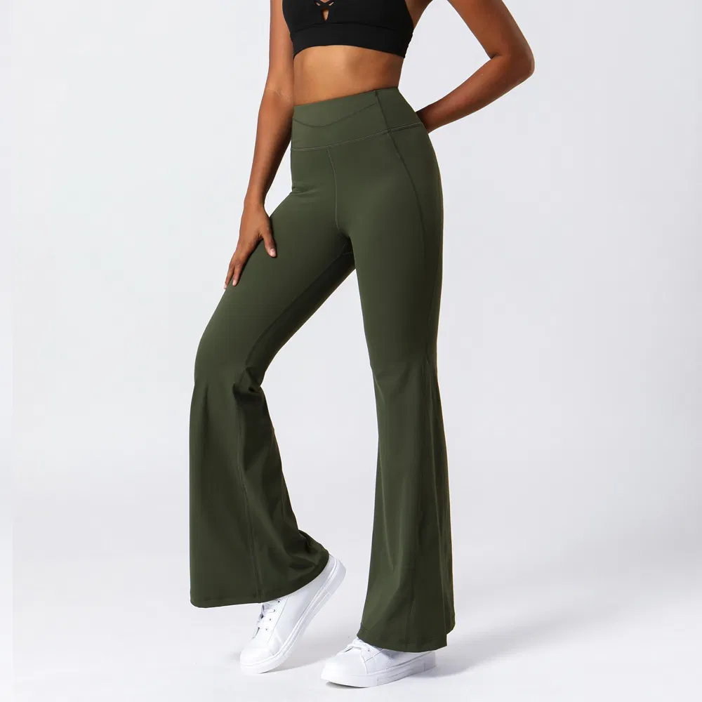 Pantalones de yoga de flare suaves para levantar las caderas de mujer con bolsillo oculto, pantalones de entrenamiento de cintura alta