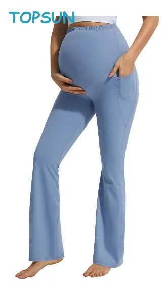 Leggings de maternidad de campana con sensación suave sobre el vientre con bolsillos, pantalones de yoga de embarazo de corte acampanado suaves