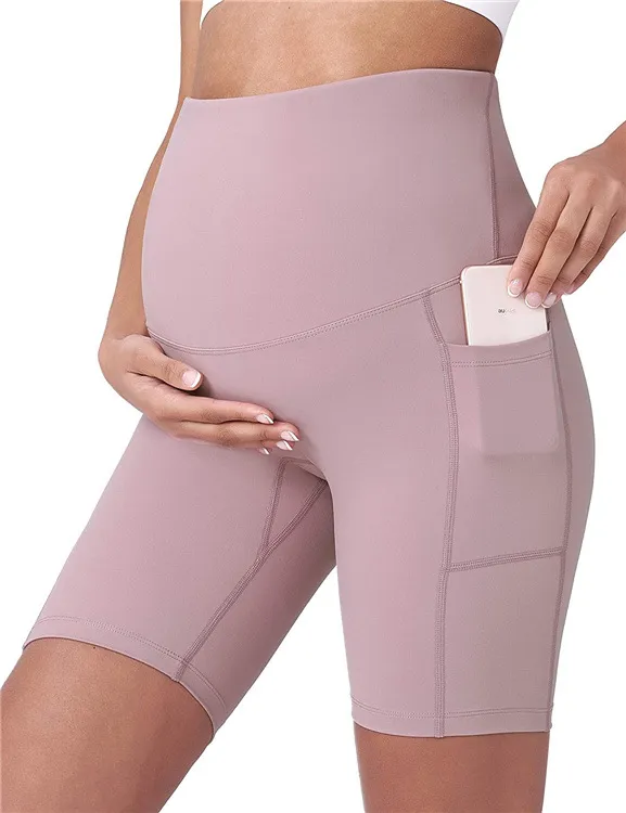 Shorts de yoga para maternidad sobre el vientre con bolsillos 5 Pantalones de entrenamiento activos