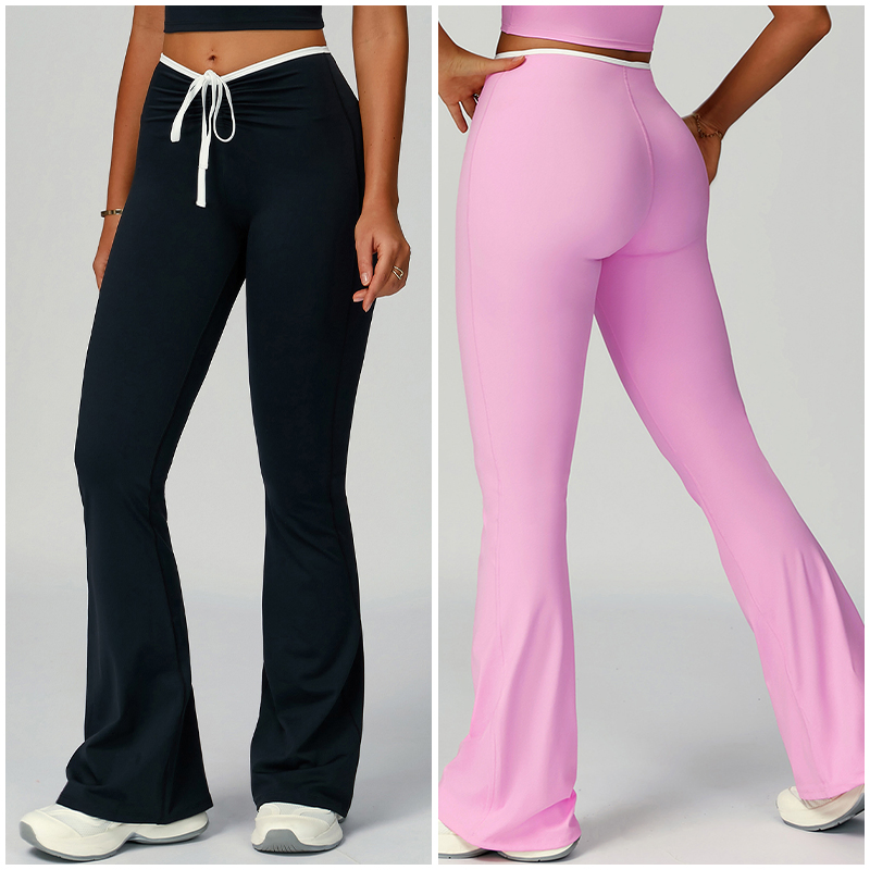 Pantalones de yoga y fitness acampanados de color contrastante con dobladillo, pantalones acampanados de cintura alta y ajustados para mujeres de alta gama