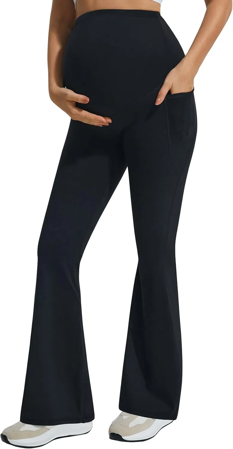 Leggings de maternidad de campana con sensación suave sobre el vientre con bolsillos, pantalones de yoga de embarazo de corte acampanado suaves