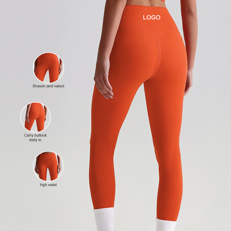 Pantalones de yoga desnudos europeos y americanos para mujeres sin líneas embarazosas, mallas de cintura alta que levantan las caderas, pantalones elásticos de pies pequeños para deportes y fitness