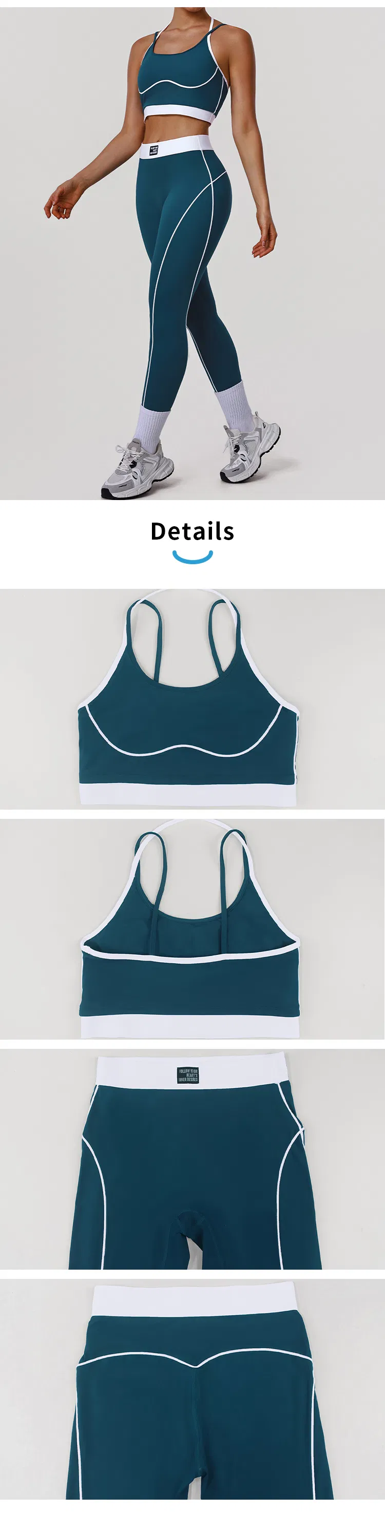 Conjunto de deporte y fitness personalizado de moda al por mayor, con bloque de color, tirantes delgados, sujetador moldeador y leggings cortos que levantan el trasero