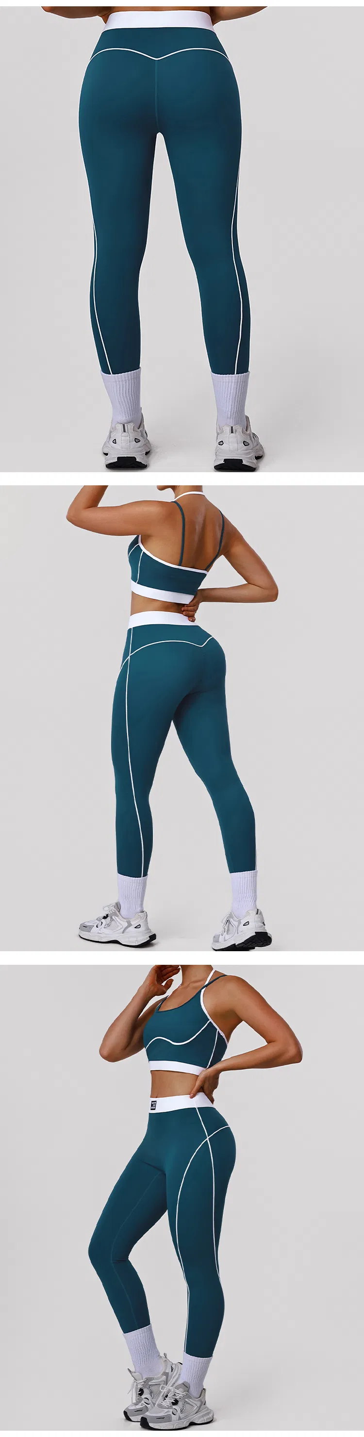 Conjunto de deporte y fitness personalizado de moda al por mayor, con bloque de color, tirantes delgados, sujetador moldeador y leggings cortos que levantan el trasero