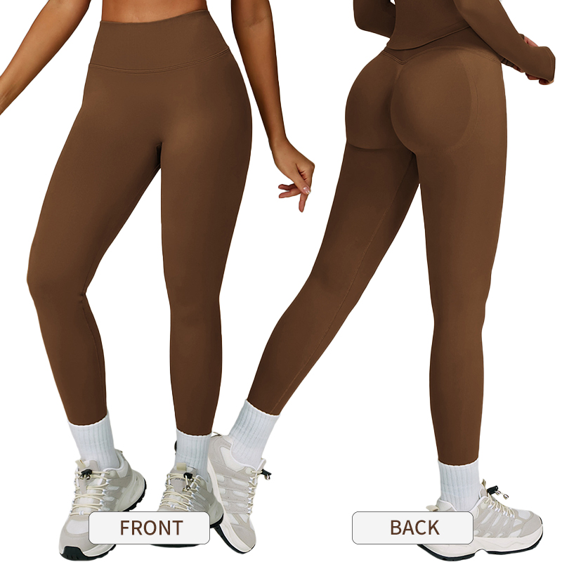 Pantalones de yoga sin costuras color durazno con cuello en V, ajustados, para correr, deportivos, de secado rápido, para fitness