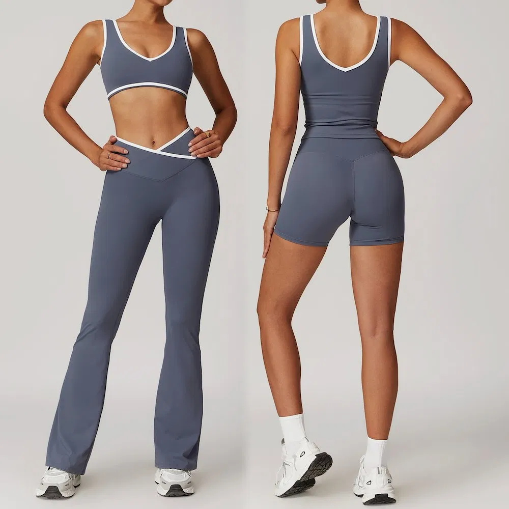 Venta al por mayor de fábrica 5PCS Conjunto de ropa de yoga y fitness de moda para mujeres, sujetador deportivo + pantalones cortos de gimnasio + leggings para correr, ropa para ejercicios de pilates