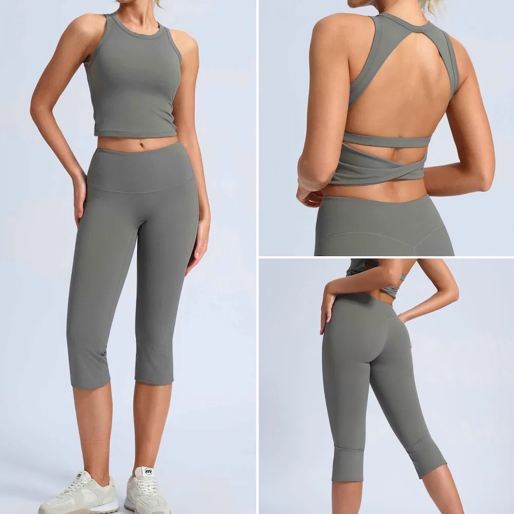 Ropa de fitness atractiva sin espalda de marca privada para mujeres, top de tanque acolchado con espalda abierta + leggings capri levantadores de glúteos 2 conjunto de entrenamiento en el gimnasio