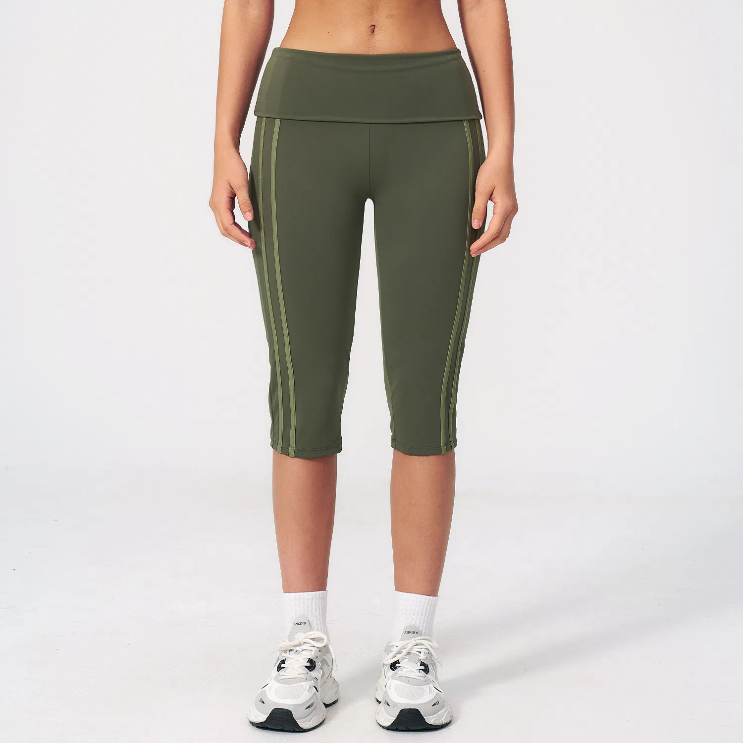 Leggings de fitness de cintura alta a rayas amarillas y marinas para mujeres, de longitud hasta la rodilla
