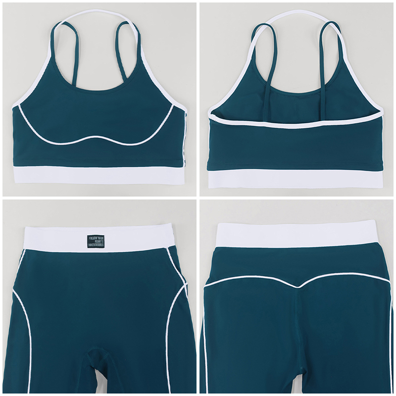 Conjunto de deporte y fitness personalizado de moda al por mayor, con bloque de color, tirantes delgados, sujetador moldeador y leggings cortos que levantan el trasero