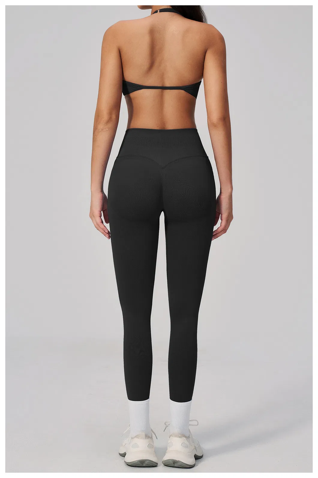 Conjunto de Yoga Sin Costuras al por Mayor 2 con Sujetador Halter de Cuello en V y Leggings de Cintura Alta