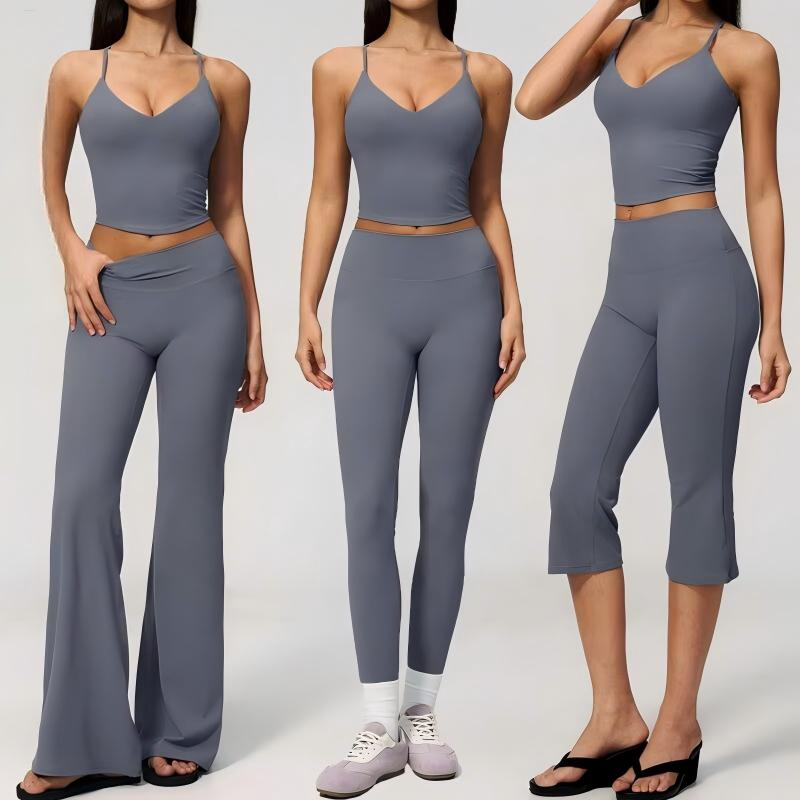 2PCS Conjuntos de gimnasio para mujeres, traje de fitness, ropa de yoga con soporte, chaleco deportivo a prueba de golpes, mallas de cintura alta, pantalones acampanados, conjunto de ropa deportiva, conjunto de yoga