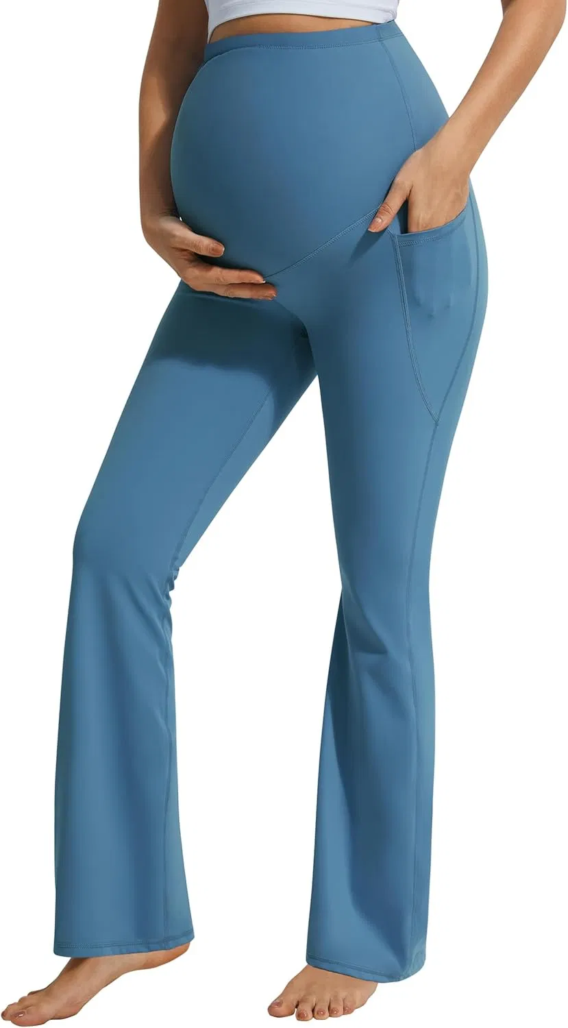 Leggings de maternidad de campana con sensación suave sobre el vientre con bolsillos, pantalones de yoga de embarazo de corte acampanado suaves