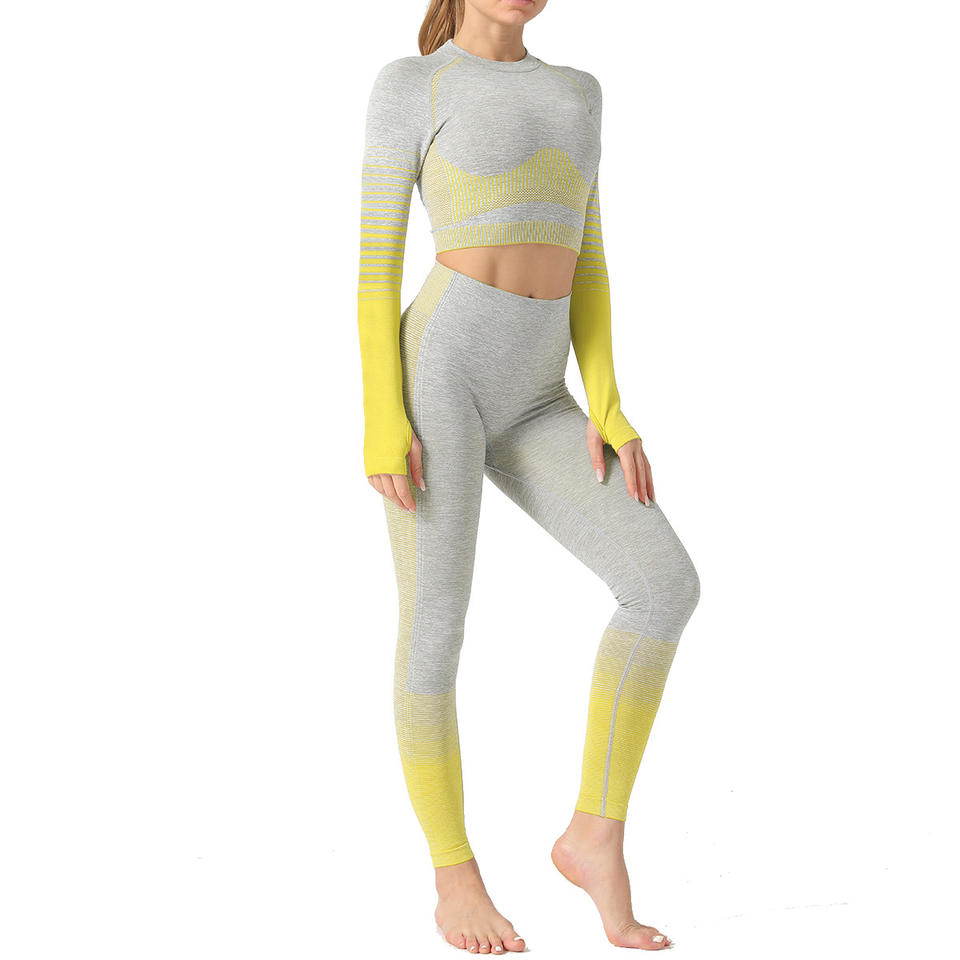 Nuevo Conjunto de Yoga de Pantalones de Gradiente, Leggings, Camiseta de Manga Larga, Ropa Deportiva, Ropa de Gimnasio Sin Costuras