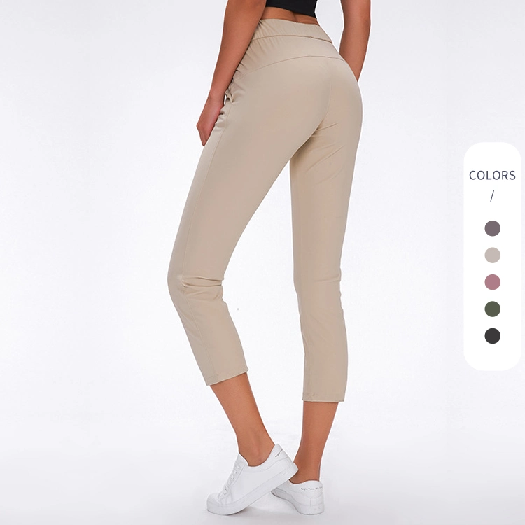 S2059 Mujeres Desnudas Sintiendo Pantalones Capri Deportivos de Tiro Alto con Cintura Ajustable y Bolsillos Laterales, Pantalones Básicos de Ejercicio Elásticos de Talla Grande