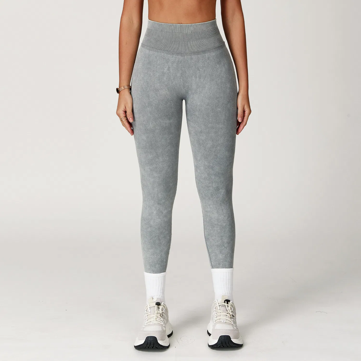 Leggings de yoga mineral lavado con logo personalizado, cinturilla acanalada, leggings de entrenamiento al por mayor