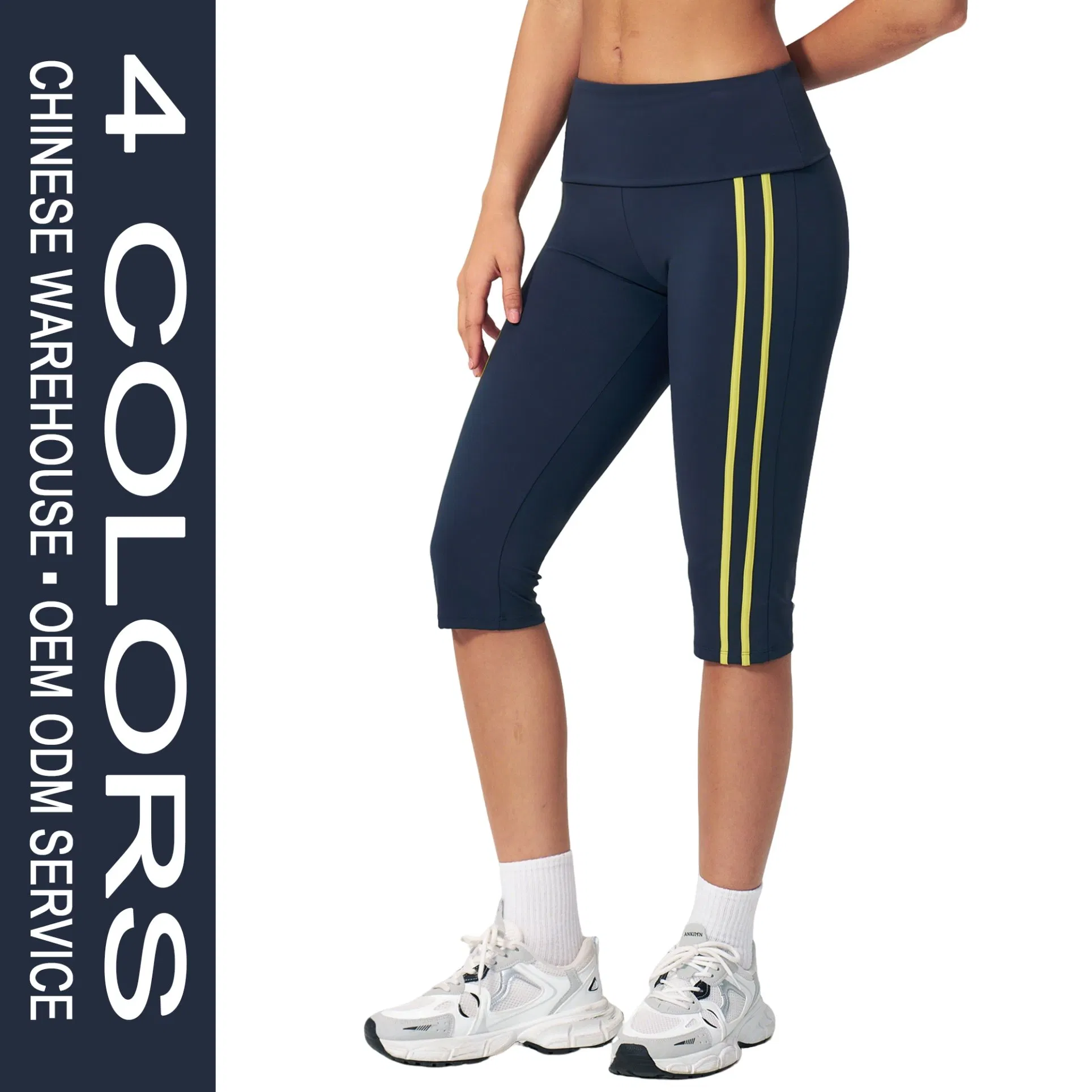 Pantalones capri de yoga para mujer con cinturilla doblada, compresión, secado rápido y franjas laterales en contraste, siete octavos