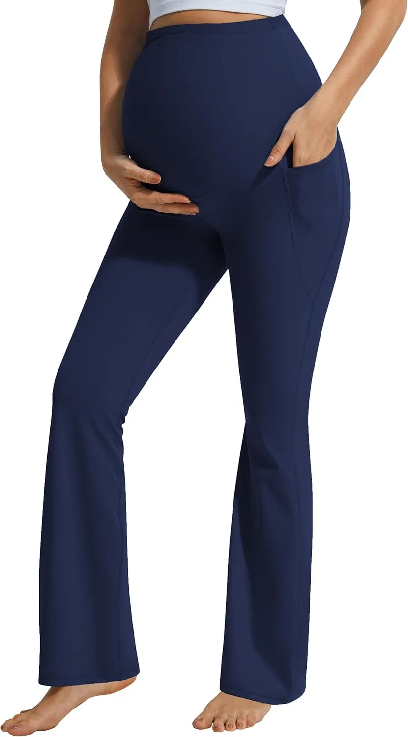 Leggings de maternidad de campana con sensación suave sobre el vientre con bolsillos, pantalones de yoga de embarazo de corte acampanado suaves