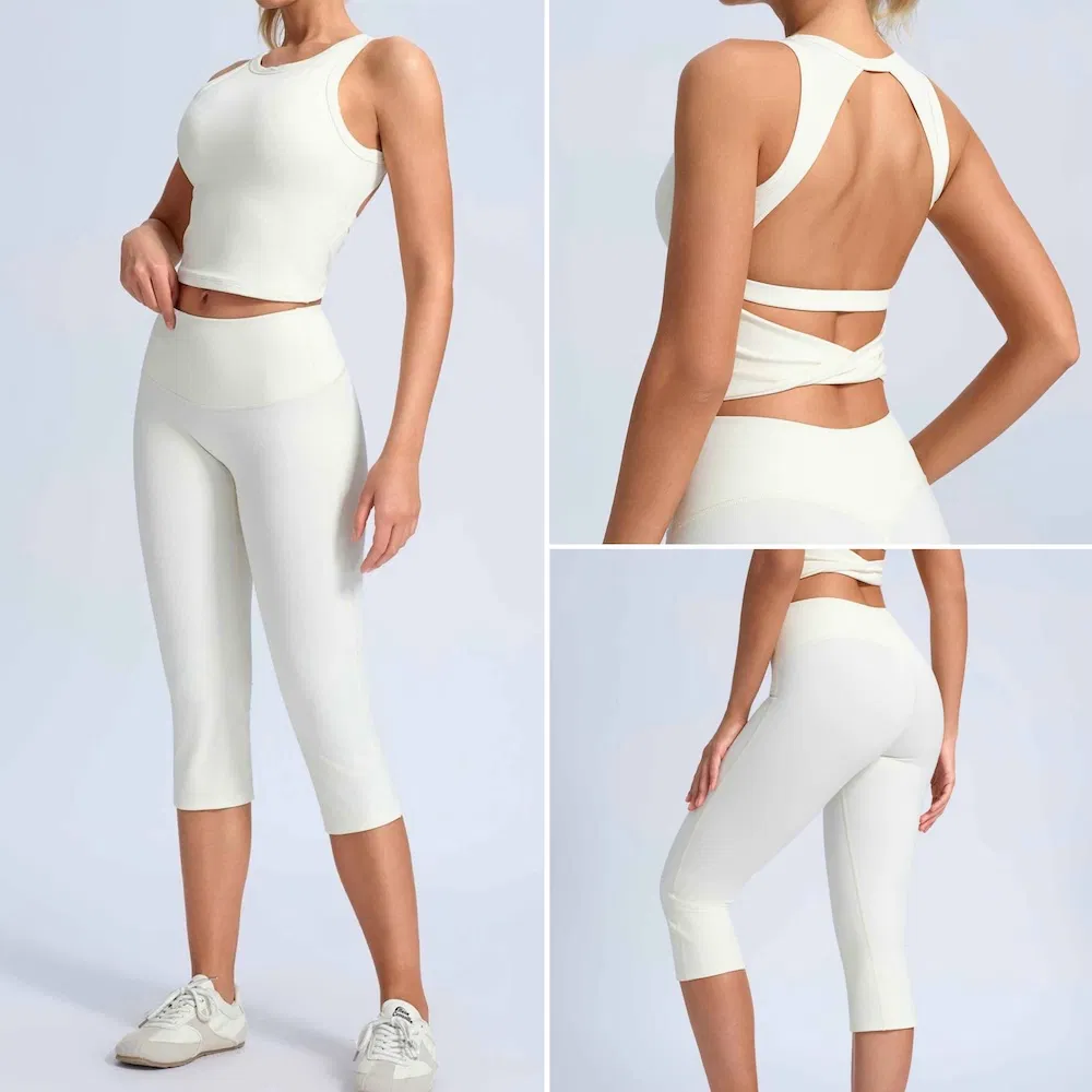 Ropa de fitness atractiva sin espalda de marca privada para mujeres, top de tanque acolchado con espalda abierta + leggings capri levantadores de glúteos 2 conjunto de entrenamiento en el gimnasio