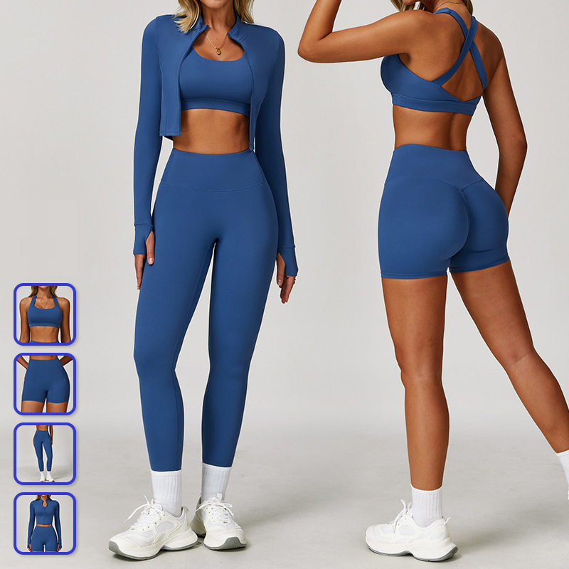Conjunto de ropa de yoga para mujer: chaqueta corta, sujetador deportivo y leggings para el gimnasio
