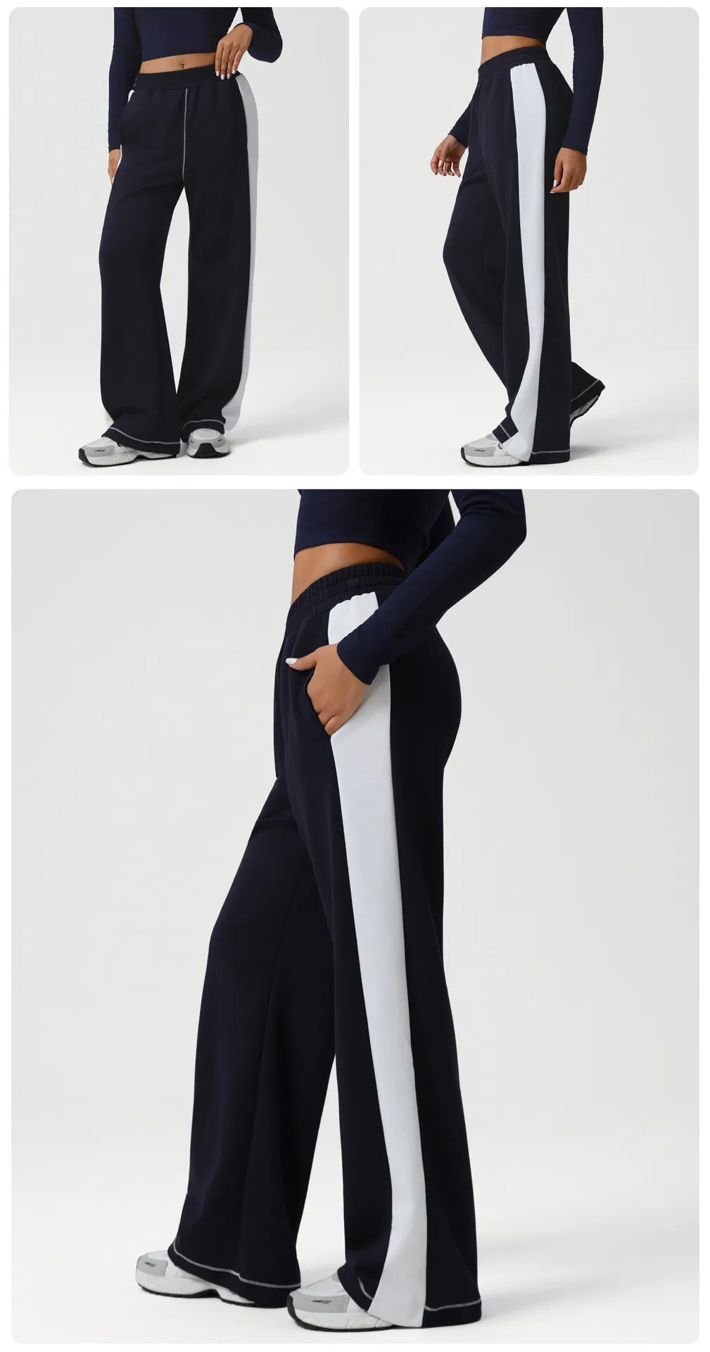 Pantalones de yoga de bloque de color de pierna ancha de cintura alta sueltos para mujer