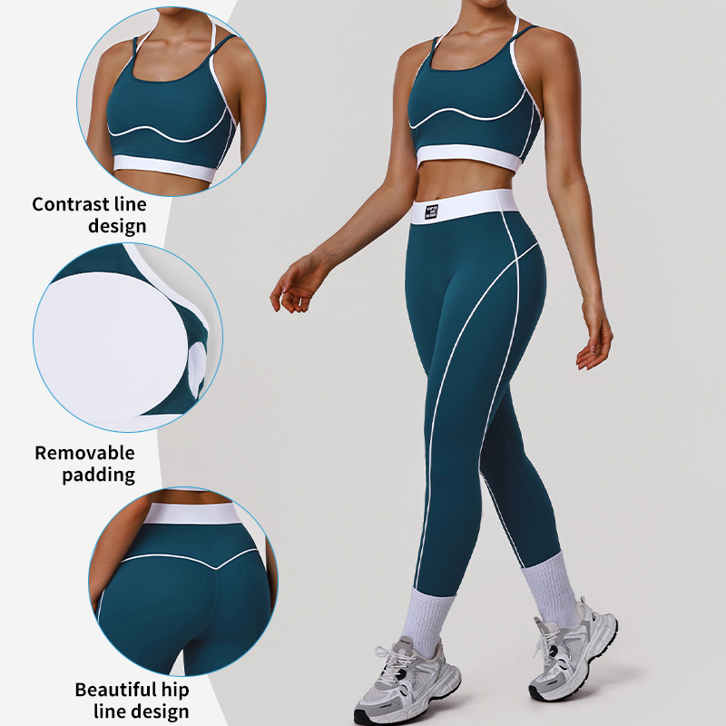 Conjunto de deporte y fitness personalizado de moda al por mayor, con bloque de color, tirantes delgados, sujetador moldeador y leggings cortos que levantan el trasero