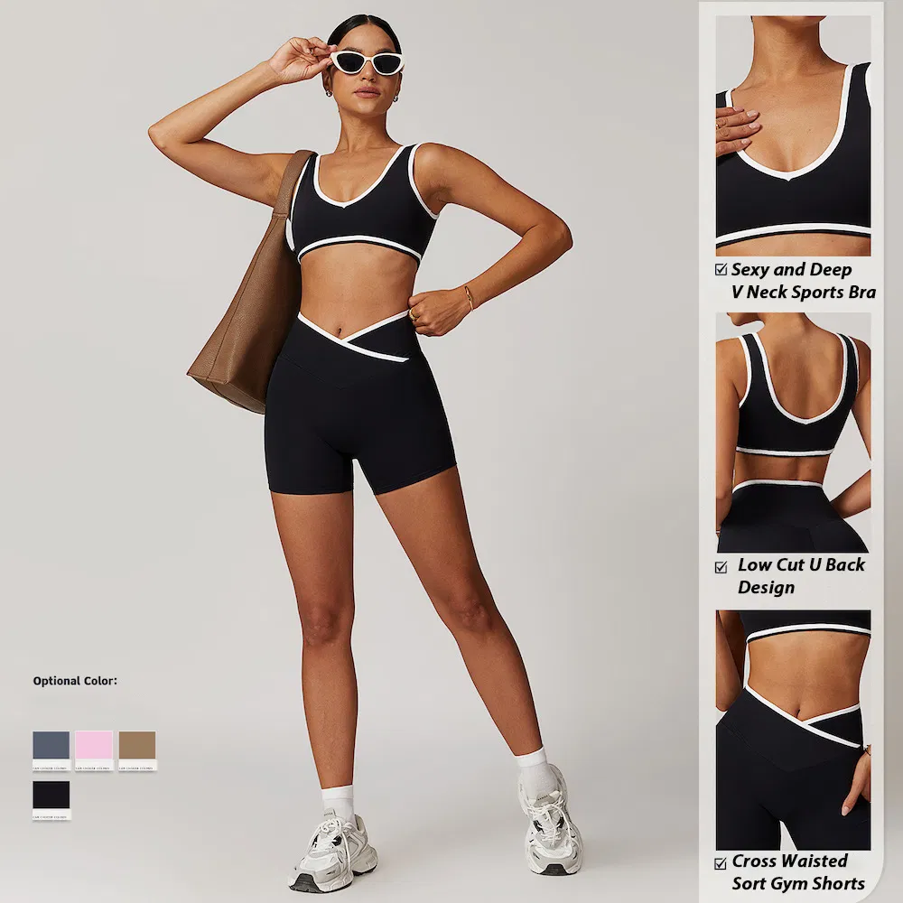 Venta al por mayor de fábrica 5PCS Conjunto de ropa de yoga y fitness de moda para mujeres, sujetador deportivo + pantalones cortos de gimnasio + leggings para correr, ropa para ejercicios de pilates
