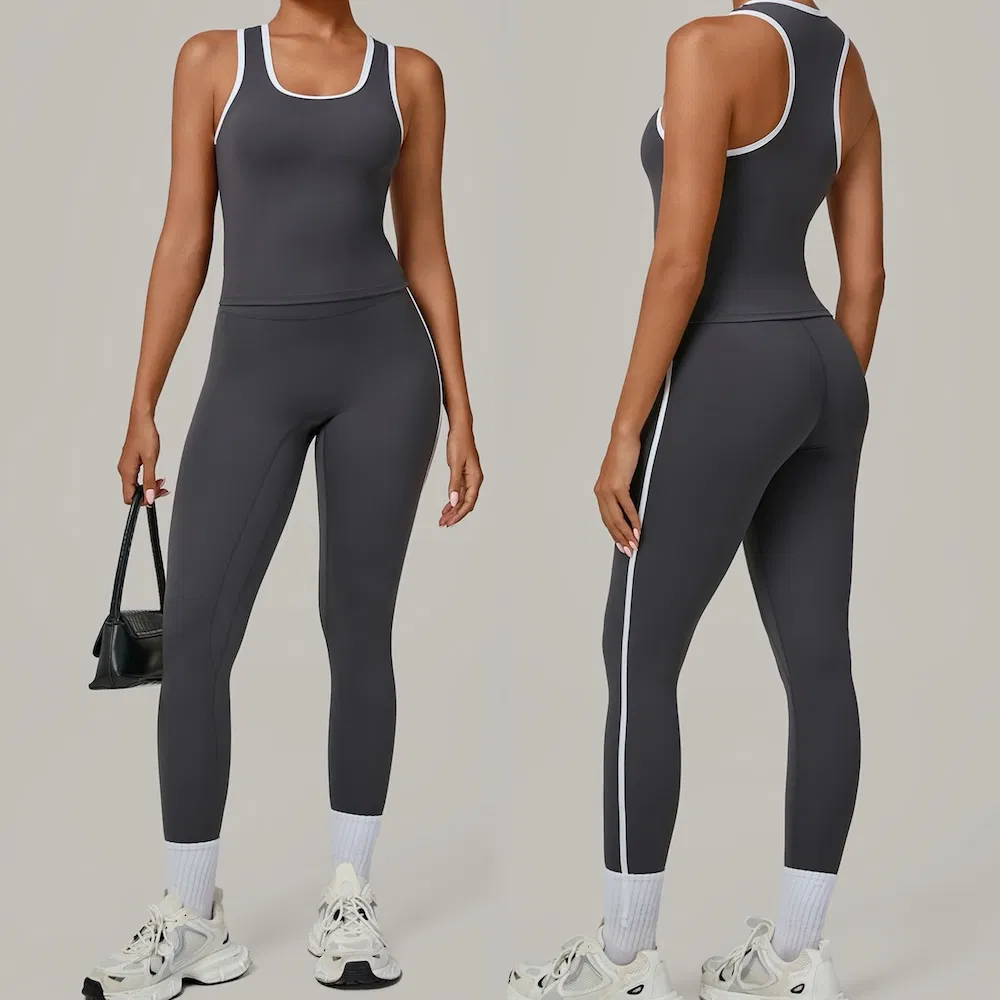 Nuevos Conjuntos de Ropa de Correr al Aire Libre con Diseño Elegante Ropa de Yoga para Mujeres, 2PCS Leggings de Correr de Cintura Alta con Bloqueo de Color + Chaleco Deportivo Conjunto de Ejercicio de Pilates