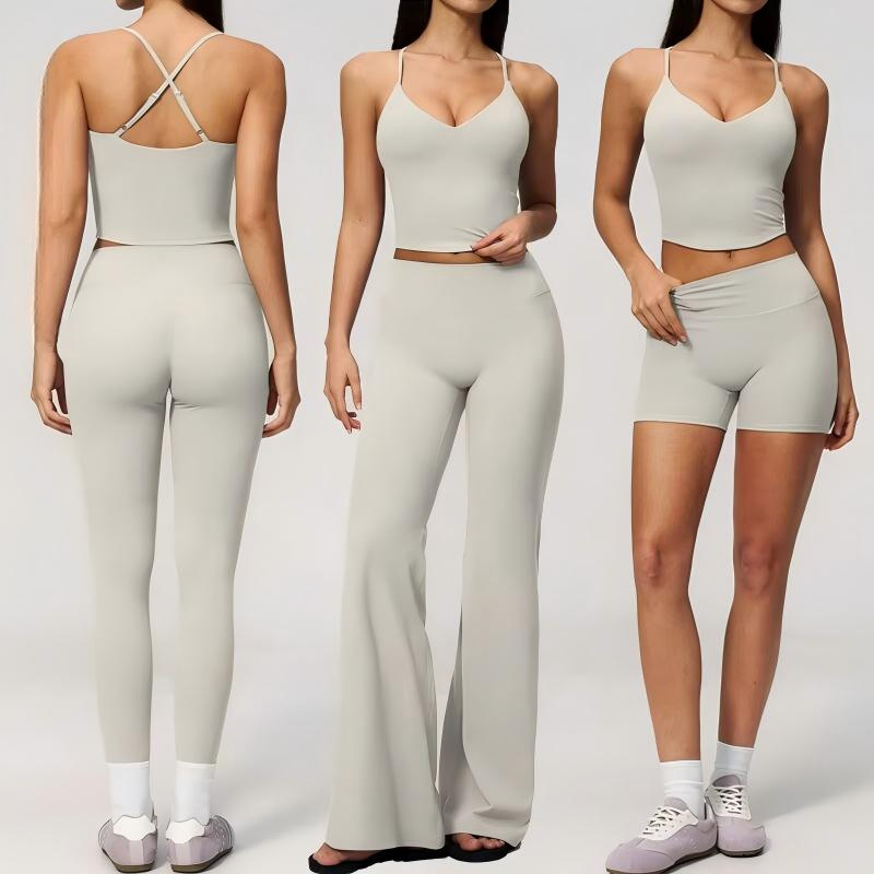 2PCS Conjuntos de gimnasio para mujeres, traje de fitness, ropa de yoga con soporte, chaleco deportivo a prueba de golpes, mallas de cintura alta, pantalones acampanados, conjunto de ropa deportiva, conjunto de yoga