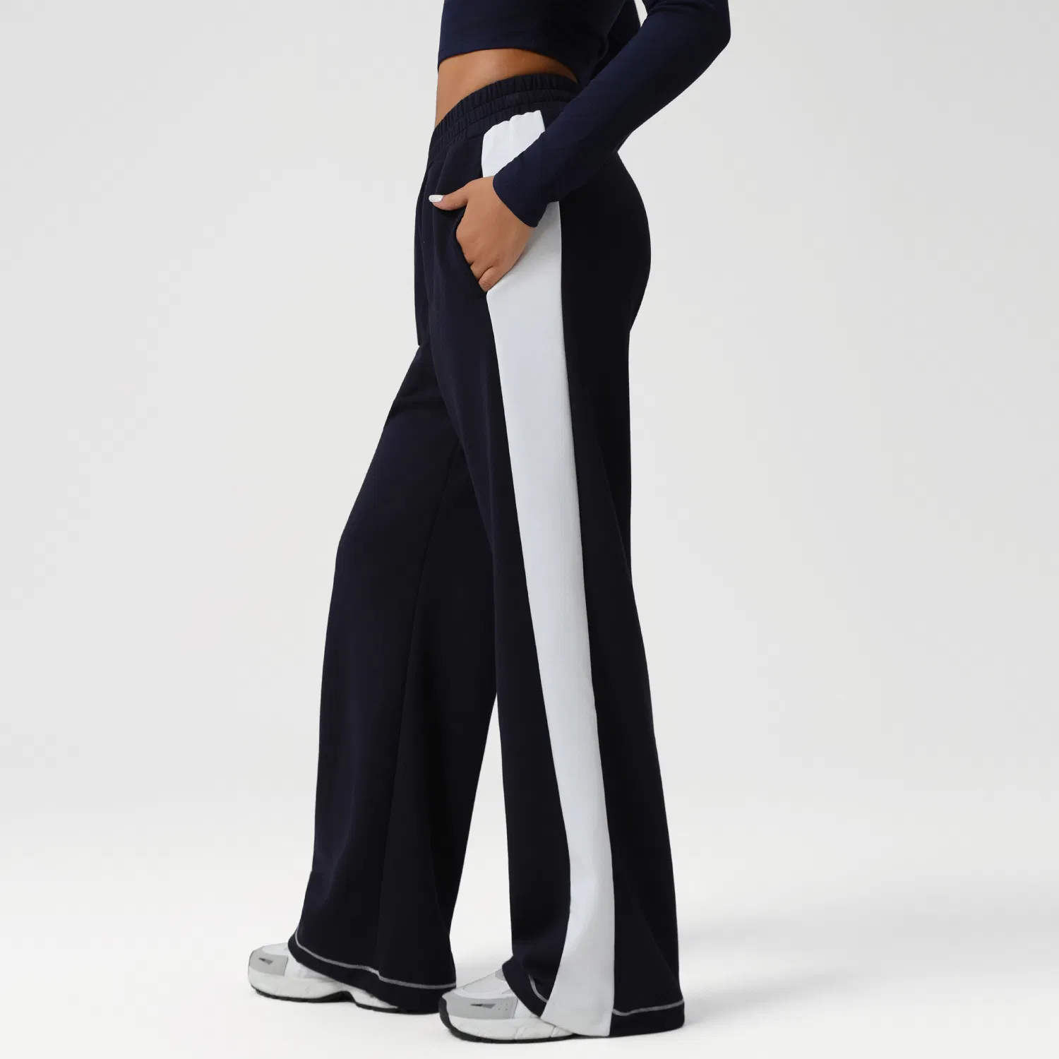 Pantalones de yoga de bloque de color de pierna ancha de cintura alta sueltos para mujer