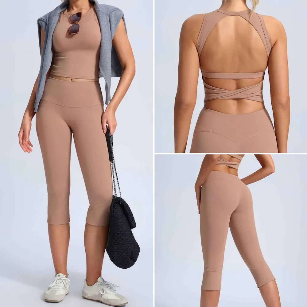 Ropa de fitness atractiva sin espalda de marca privada para mujeres, top de tanque acolchado con espalda abierta + leggings capri levantadores de glúteos 2 conjunto de entrenamiento en el gimnasio