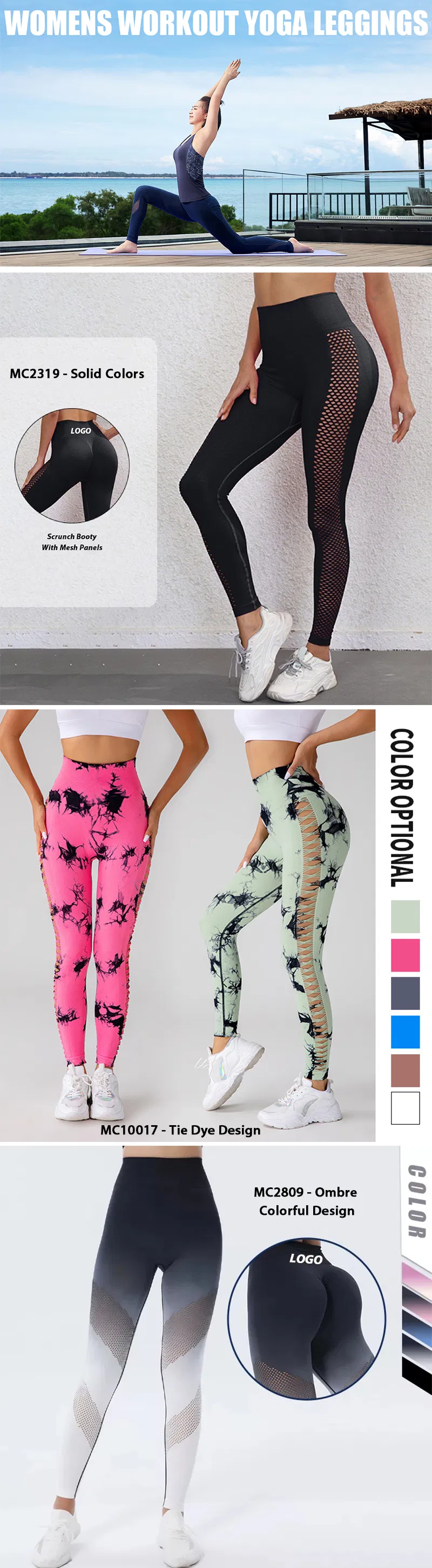 Ropa de entrenamiento sexy al por mayor, pantalones de yoga que levantan el trasero con panel de malla, leggings sin costuras de control de abdomen alto personalizados para correr
