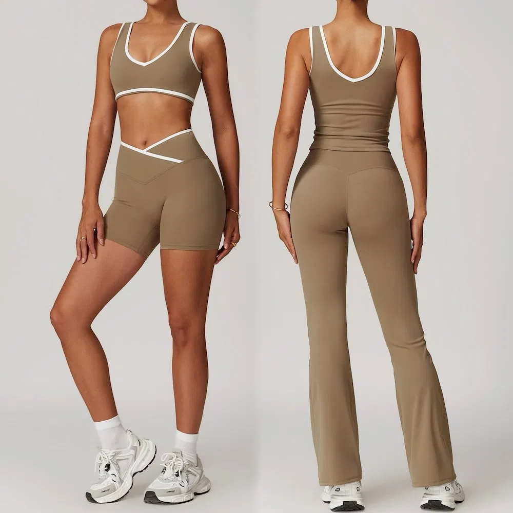 Venta al por mayor de fábrica 5PCS Conjunto de ropa de yoga y fitness de moda para mujeres, sujetador deportivo + pantalones cortos de gimnasio + leggings para correr, ropa para ejercicios de pilates
