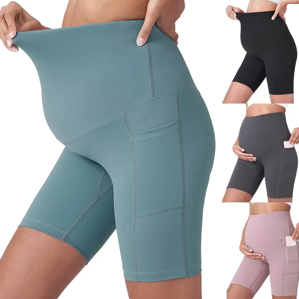 Pantalones cortos de yoga para mujeres embarazadas, cómodos, transpirables, de alta elasticidad, con cintura elástica y bolsillos