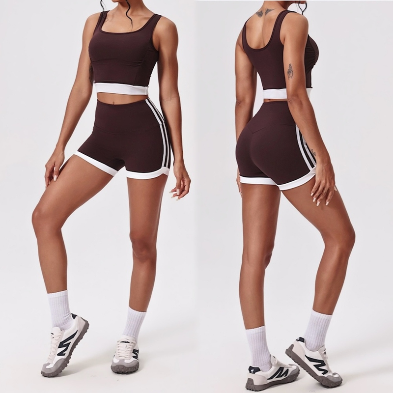 Conjunto de Ropa Deportiva para Damas de Athleisure 2 con Bloqueo de Color, Top de Yoga con Cuello en U + Pantalones Cortos de Entrenamiento con Tiras Laterales, Traje de Deportes para Correr