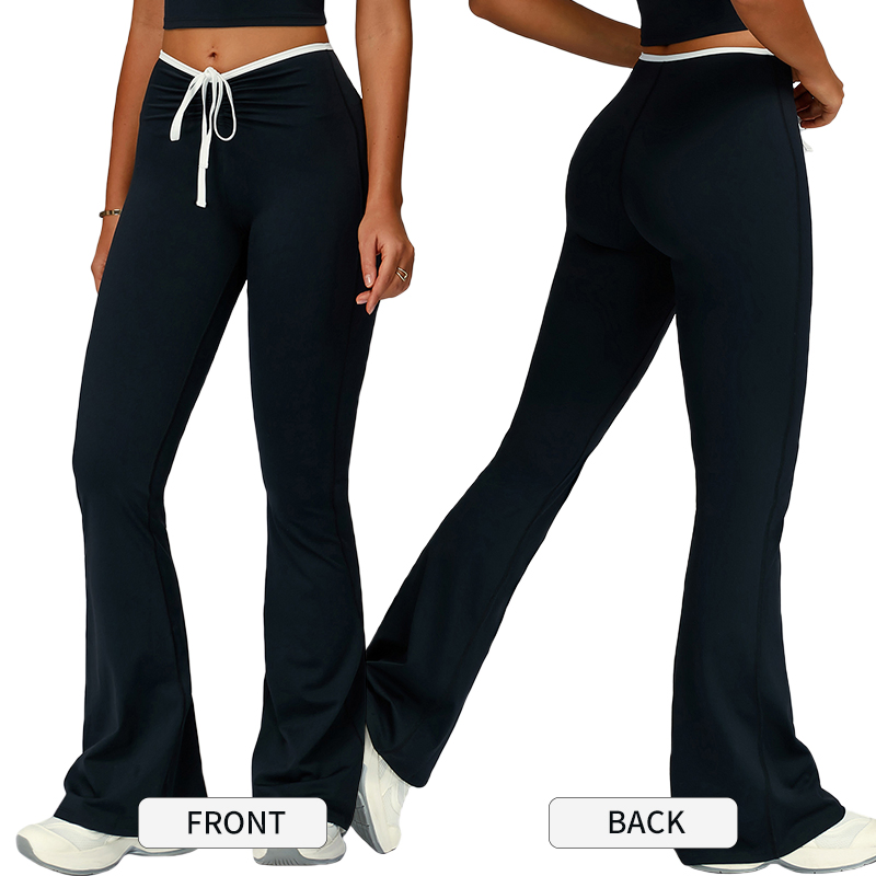 Pantalones de yoga y fitness acampanados de color contrastante con dobladillo, pantalones acampanados de cintura alta y ajustados para mujeres de alta gama