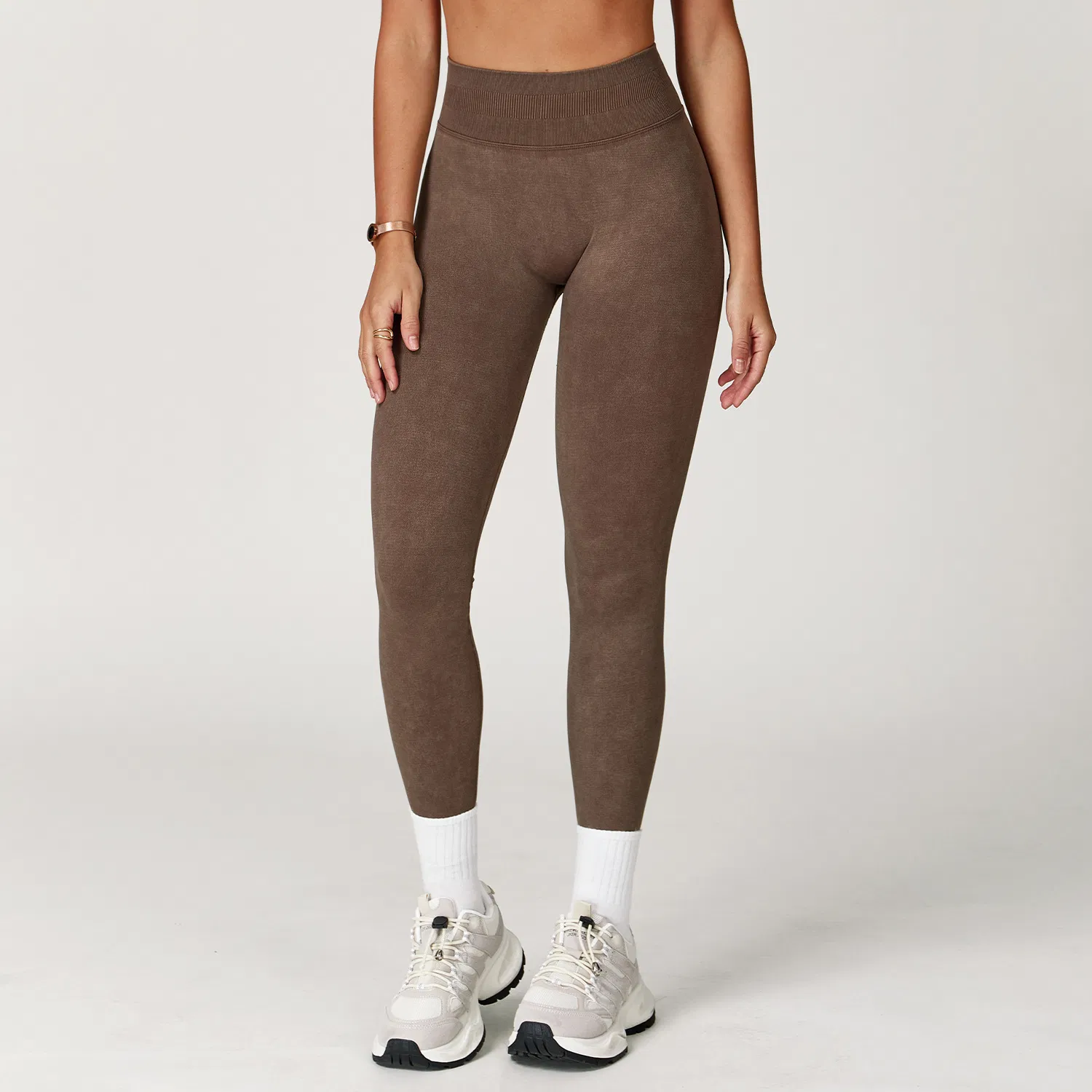 Leggings de yoga mineral lavado con logo personalizado, cinturilla acanalada, leggings de entrenamiento al por mayor