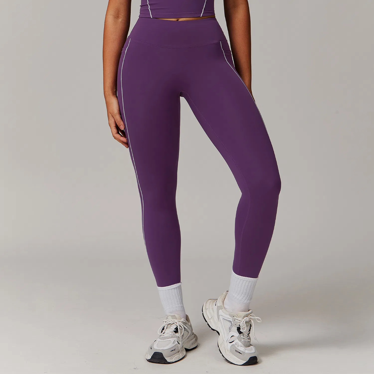 Pantalones de yoga de tiro alto con sensación desnuda y bolsillos en bloque de color personalizado - Mallas para correr y fitness para mujeres