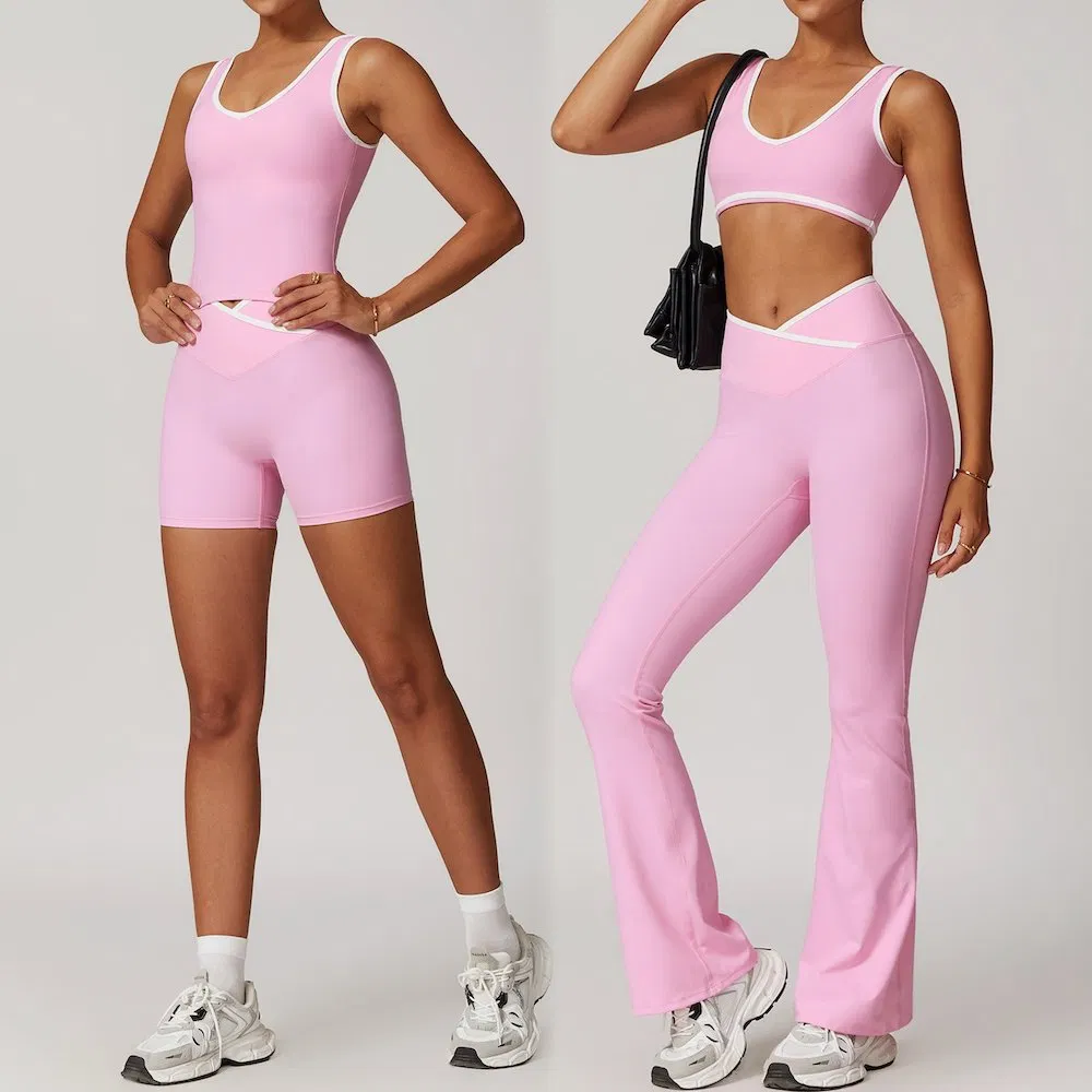 Venta al por mayor de fábrica 5PCS Conjunto de ropa de yoga y fitness de moda para mujeres, sujetador deportivo + pantalones cortos de gimnasio + leggings para correr, ropa para ejercicios de pilates