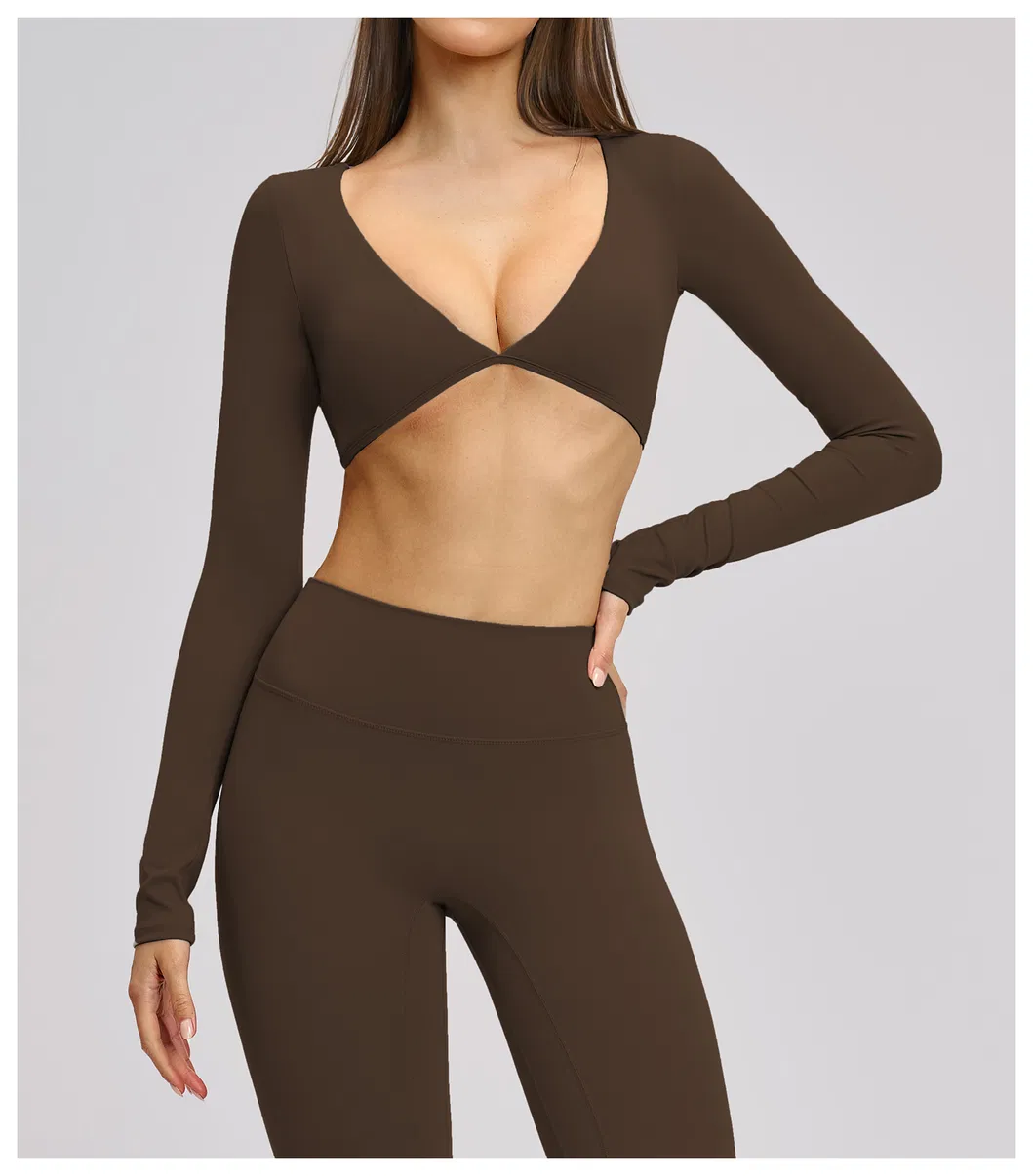 Ropa de fitness al por mayor para mujeres, camiseta de yoga con cuello en V