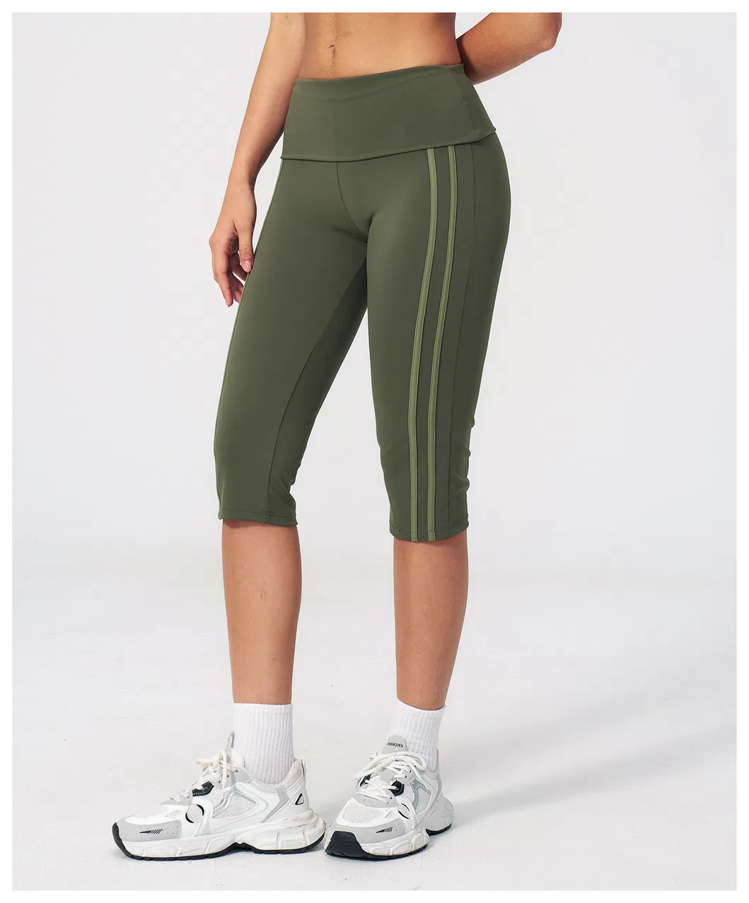 Leggings de fitness de cintura alta a rayas amarillas y marinas para mujeres, de longitud hasta la rodilla