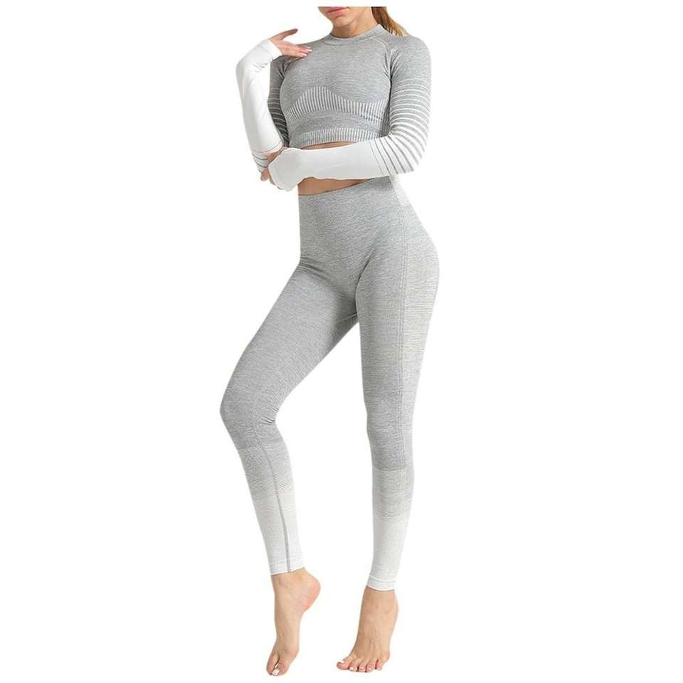 Nuevo Conjunto de Yoga de Pantalones de Gradiente, Leggings, Camiseta de Manga Larga, Ropa Deportiva, Ropa de Gimnasio Sin Costuras