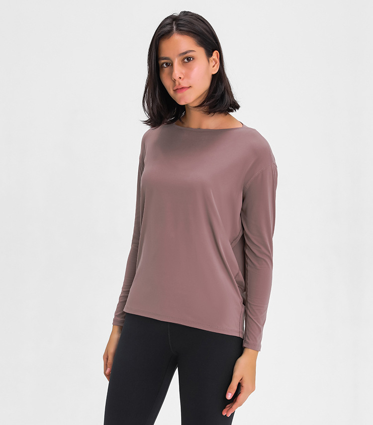 Camiseta de yoga de manga larga para mujeres, color sólido, cuello redondo, parte superior para gimnasio y running, camiseta de entrenamiento ajustada, ropa deportiva transpirable